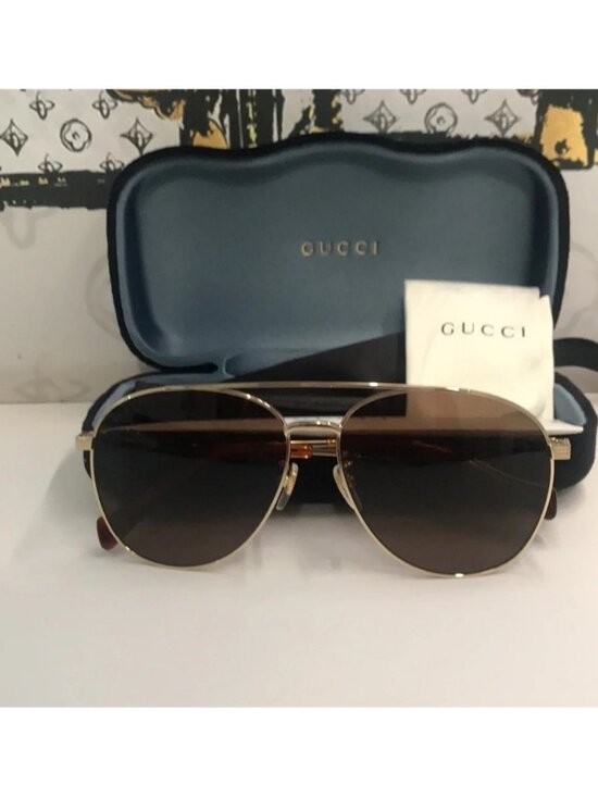 New Authentic Gucci GG0969S 002 Shiny Gold Aviator Sunglasses Brown Lenses main image 9